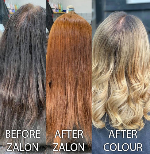 Before and after hair color transformation using Zalon products.