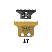 A Wahl brand hair clipper blade with a gold color and model label '5*T-WIDE' accompanied by two screws.