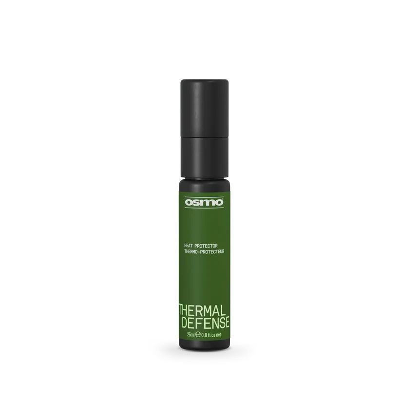 A 10ml bottle of Osmo Thermal Defense Heat Protector Thermo-Protecteur, featuring a dark green label and a black cap, set against a plain white background.