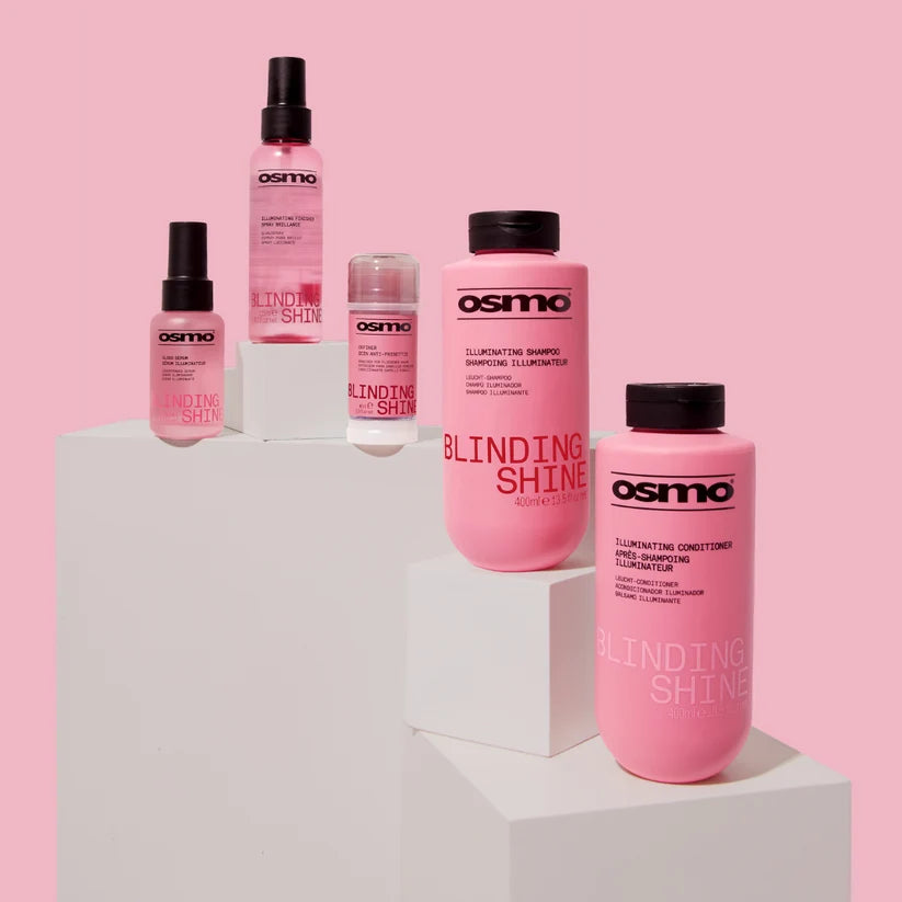 Osmo Blinding Shine hair care products on a pink background