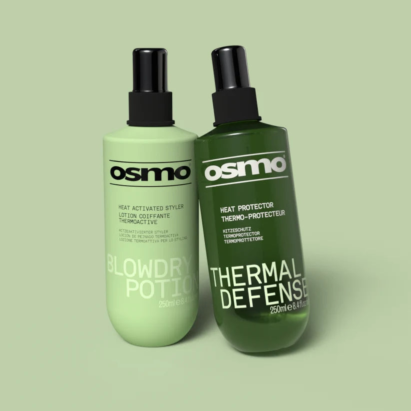 Two Osmo hair care products on a light green background