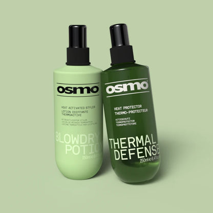Two Osmo hair care products on a light green background