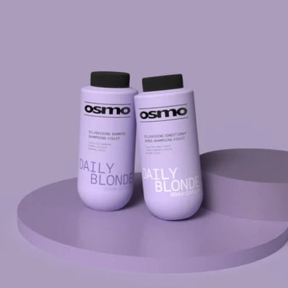 Two bottles of Osmo Daily Blonde shampoo and conditioner on a purple platform with a purple background
