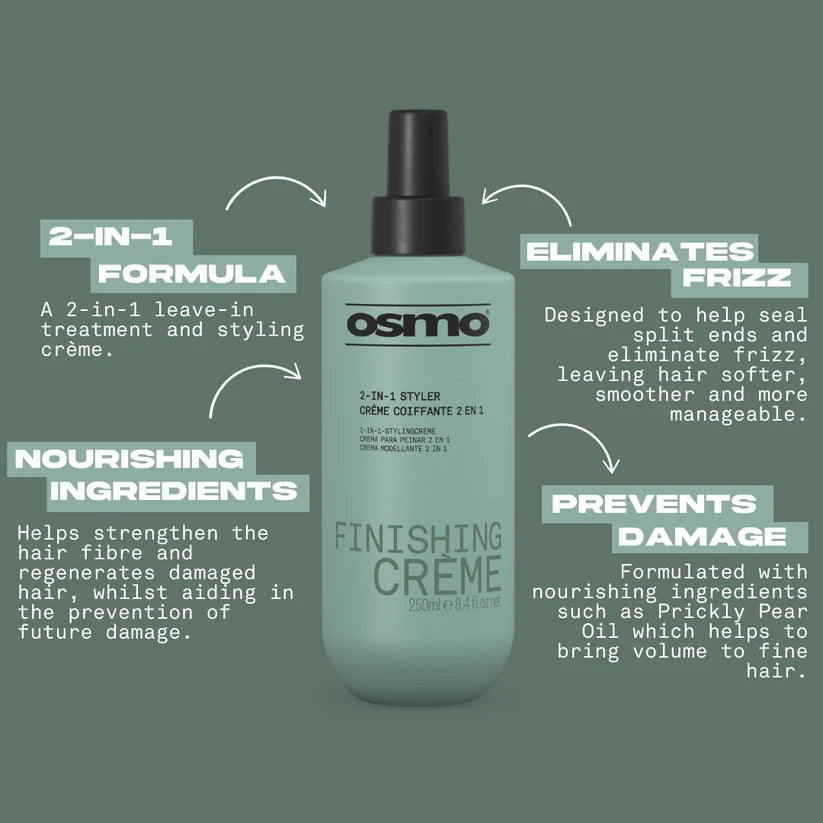 Osmo Finishing Creme bottle with product features on a green background