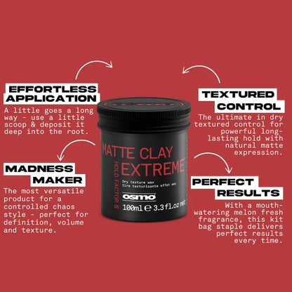Osmo Matte Clay Extreme product container with features on a red background