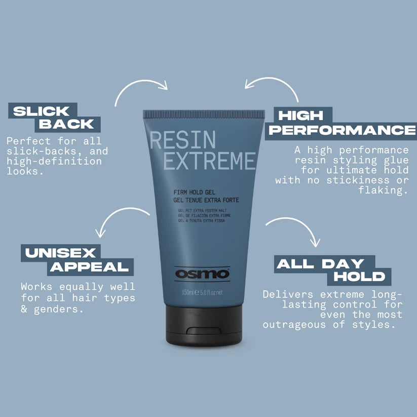 A tube of Osmo Resin Extreme hair styling gel is centered on a light blue background with four callout text boxes and arrows describing its features: slick back, high performance, unisex appeal, and all day hold.