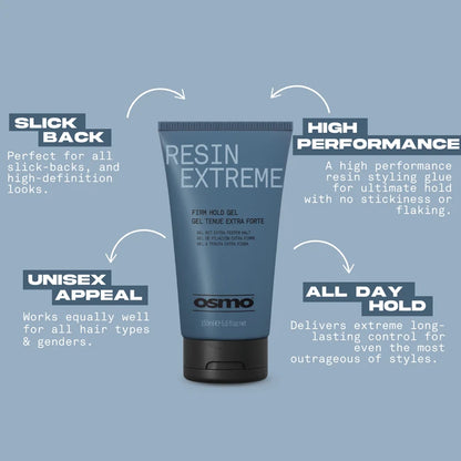 A tube of Osmo Resin Extreme hair styling gel is centered on a light blue background with four callout text boxes and arrows describing its features: slick back, high performance, unisex appeal, and all day hold.