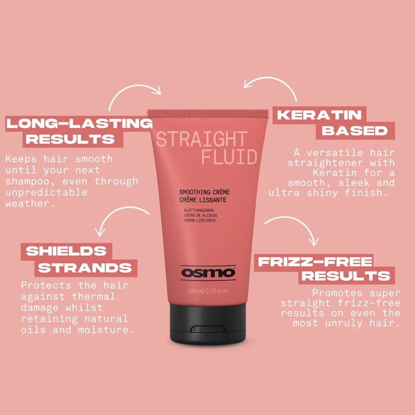 A pink Osmo Straight Fluid hair smoothing cream tube on a pink background with promotional text callouts around it.