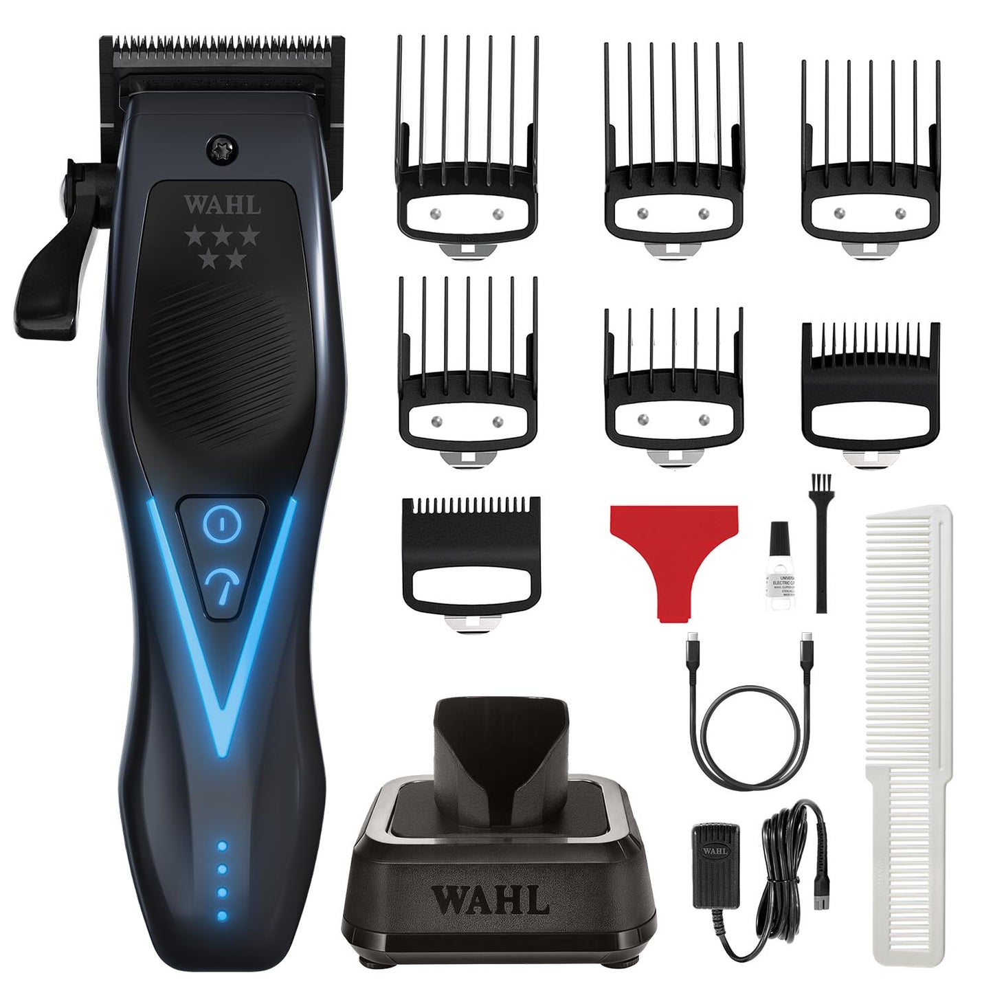 Wahl cordless hair clipper set with black and blue clipper body, multiple guide combs, a red trim tool, a white comb, charging dock, charger, cables, and accessories on a white background.