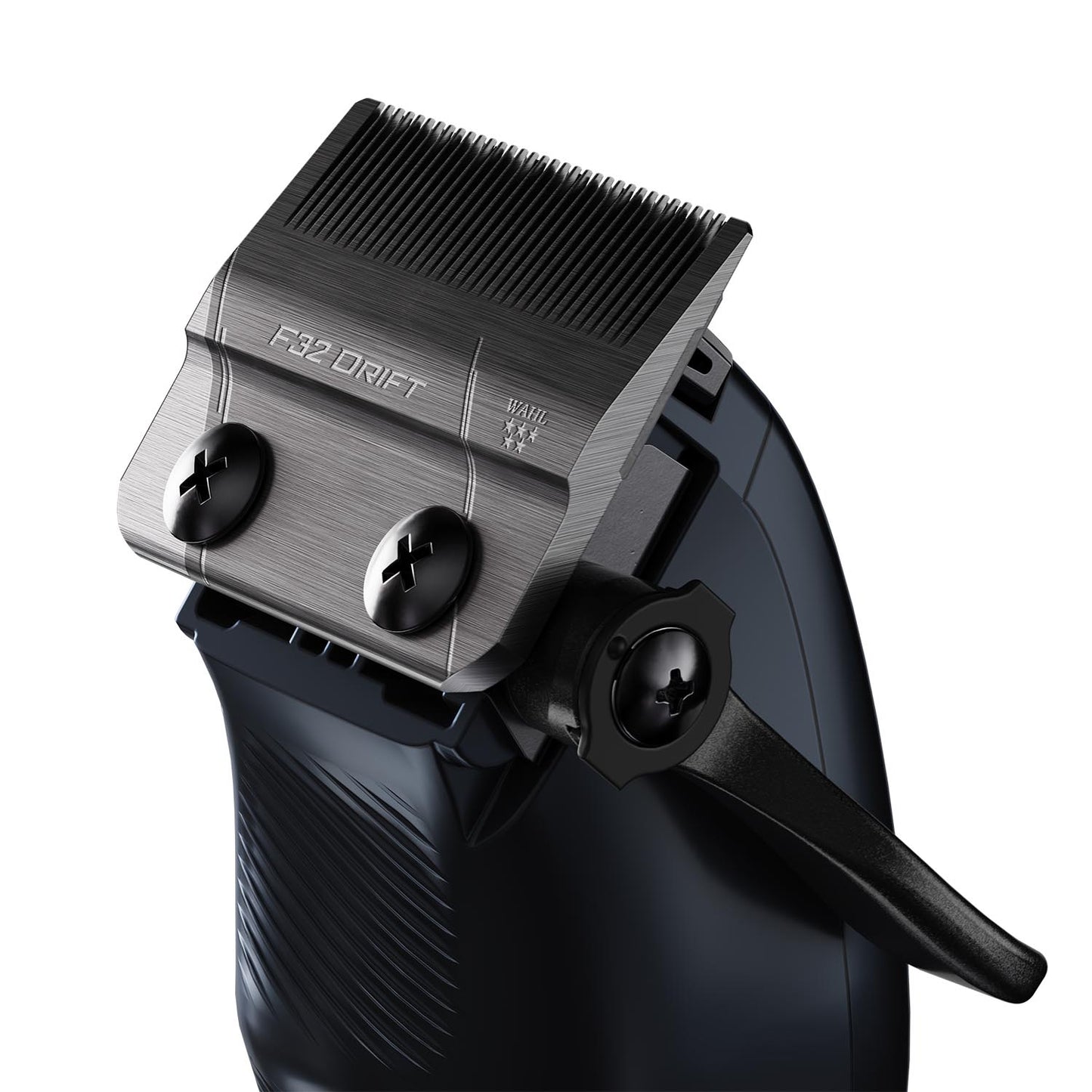 Close-up of a hair clipper head showing the F32 Drift metal cutting plate, adjustment screws, and black lever on a dark body, isolated on a white background.
