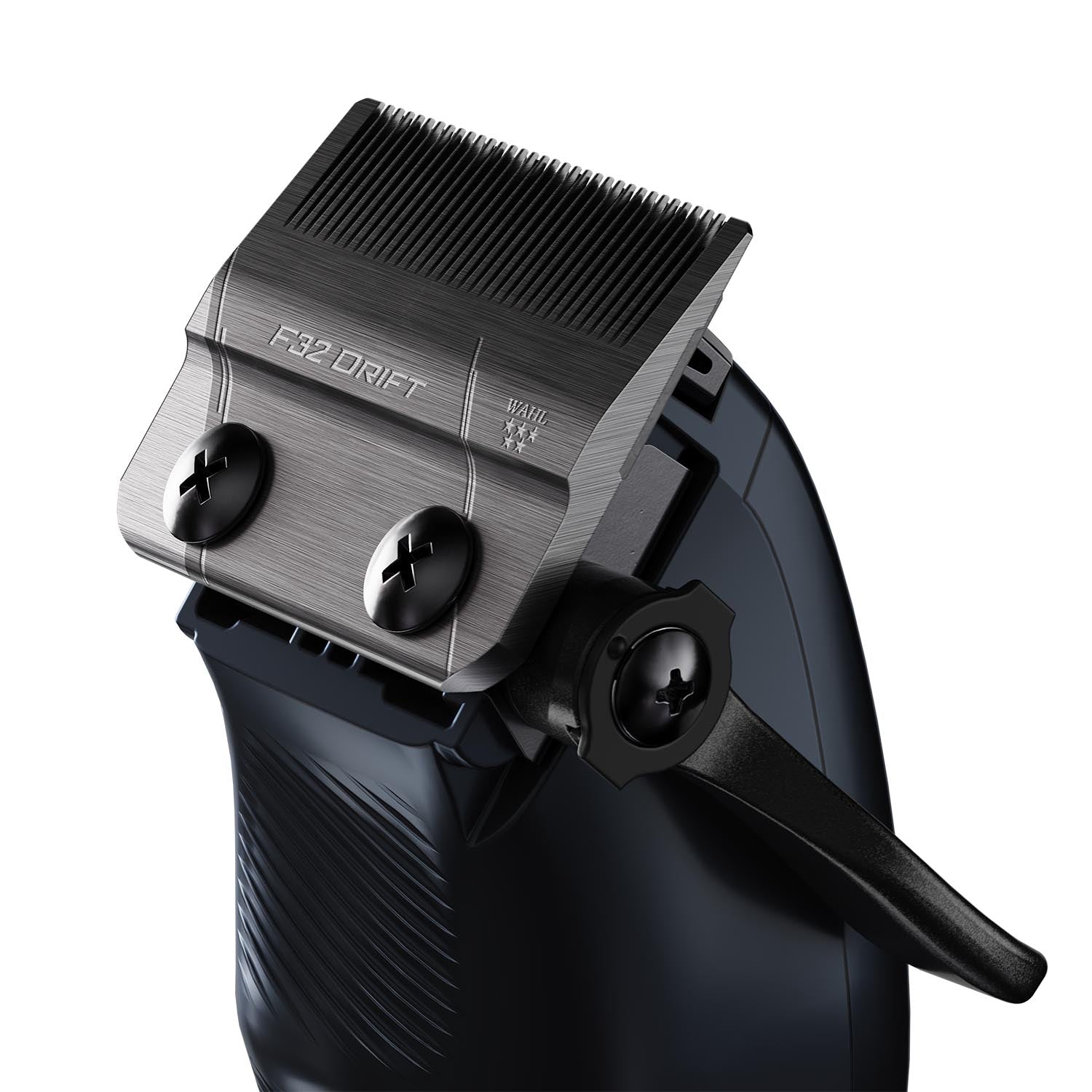Close-up of a hair clipper head showing the F32 Drift metal cutting plate, adjustment screws, and black lever on a dark body, isolated on a white background.