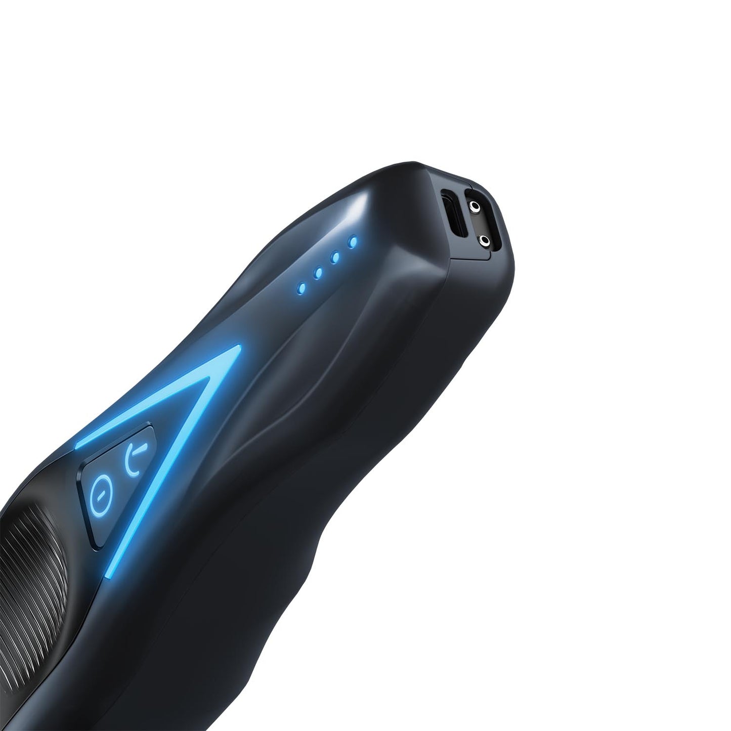 Close-up of a black handheld electronic device with glowing blue LED indicators and control buttons, shown on a plain white background.