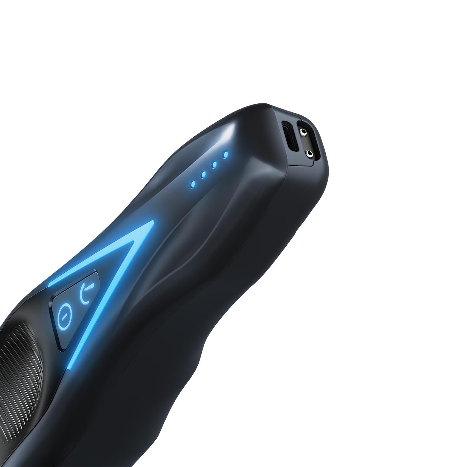 Close-up of a black handheld electronic device with glowing blue LED indicators and control buttons, shown on a plain white background.
