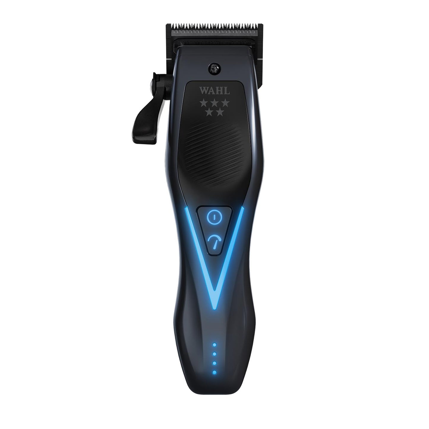 A Wahl cordless hair clipper in black with blue LED lighting accents, shown vertically against a plain white background.