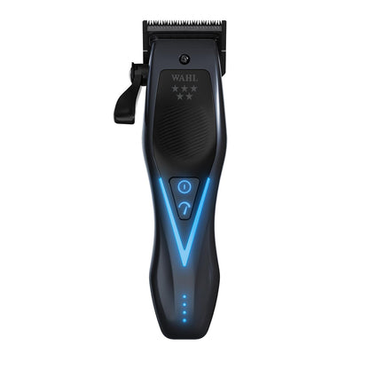 A Wahl cordless hair clipper in black with blue LED lighting accents, shown vertically against a plain white background.