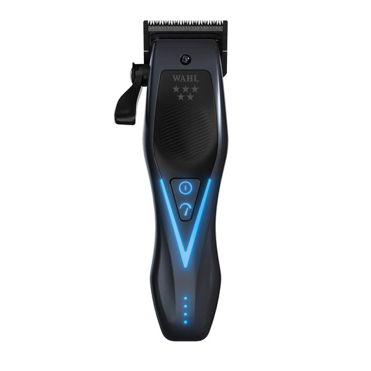 A Wahl cordless hair clipper in black with blue LED lighting accents, shown vertically against a plain white background.