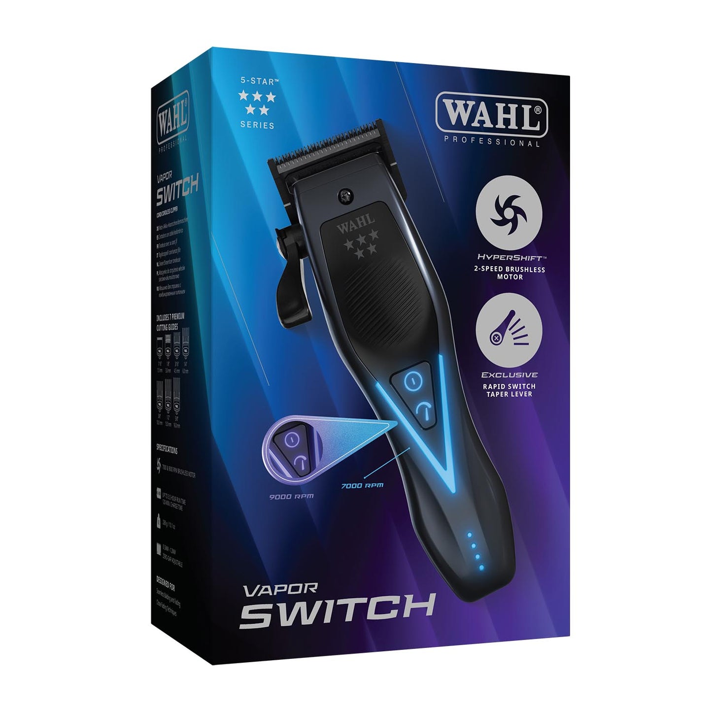 Wahl Professional Vapor Switch clipper retail packaging box, featuring a black clipper illustration with blue glow accents on a blue and purple gradient background.
