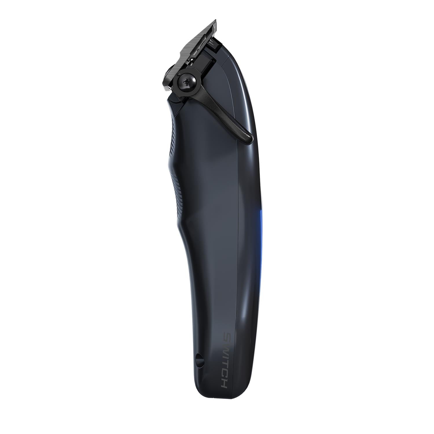 A sleek, dark gray electric trimmer shown from a side profile view against a solid white background. The trimmer features a matte black body with a subtle blue accent light and the brand name 'SWITCH' printed vertically near the base.