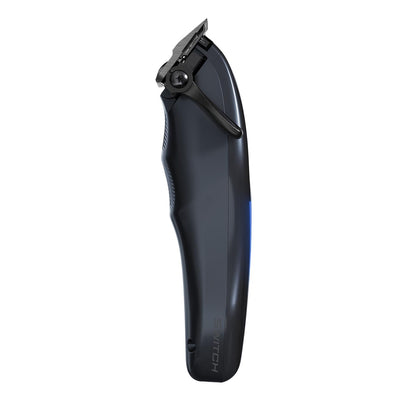 A sleek, dark gray electric trimmer shown from a side profile view against a solid white background. The trimmer features a matte black body with a subtle blue accent light and the brand name 'SWITCH' printed vertically near the base.