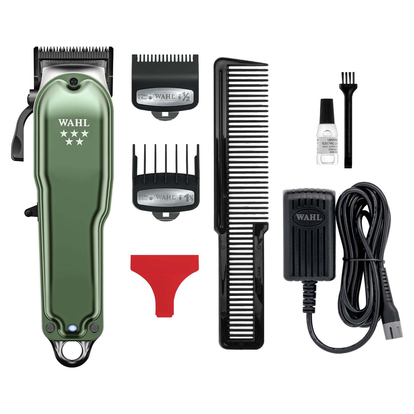 Wahl hair trimmer set with various attachments on a white background