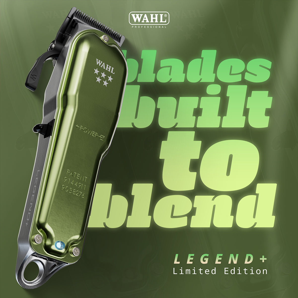 Wahl Legend+ limited edition hair trimmer on a green background with text.