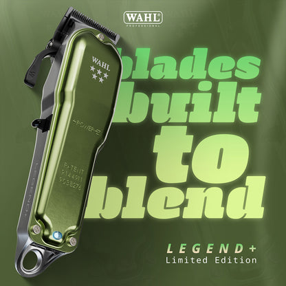 Wahl Legend+ limited edition hair trimmer on a green background with text.