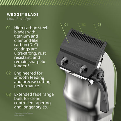 Wahl trimmer with wedge blade on a green background