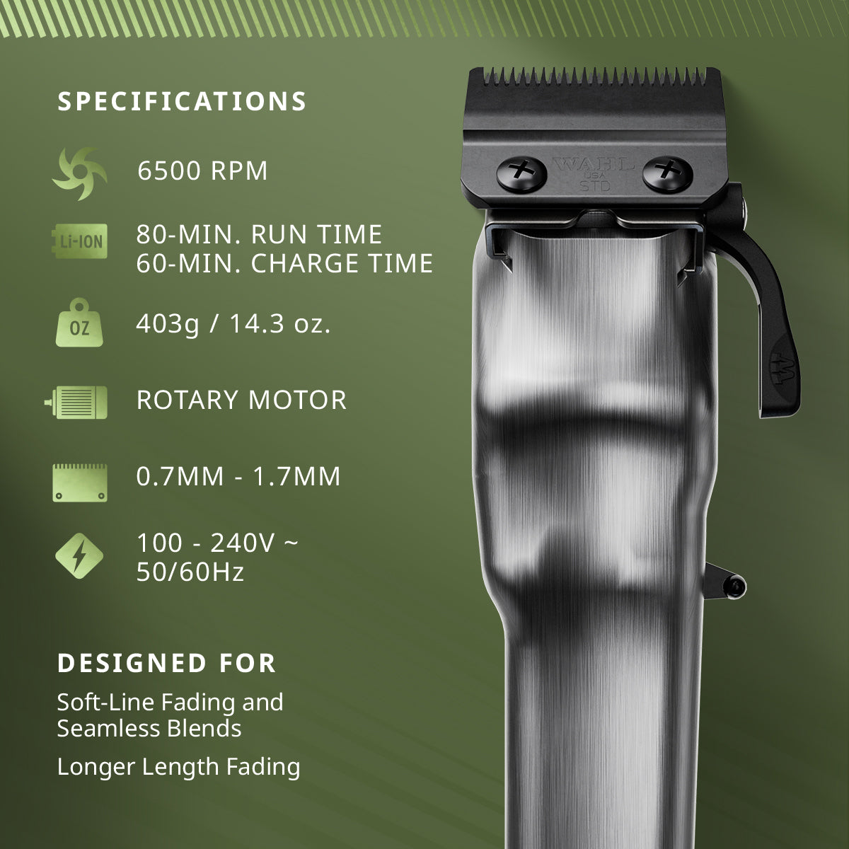 Hair trimmer with specifications on a green background