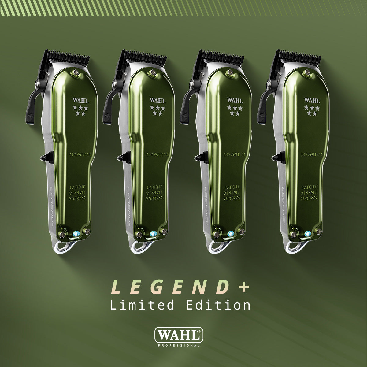 Four green Wahl Legend+ Limited Edition hair clippers on a green background