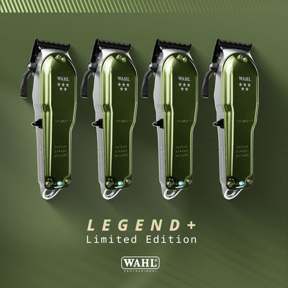Four green Wahl Legend+ Limited Edition hair clippers on a green background