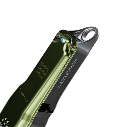 Close-up of a green and black bicycle component with 'Legend+' branding on a white background.