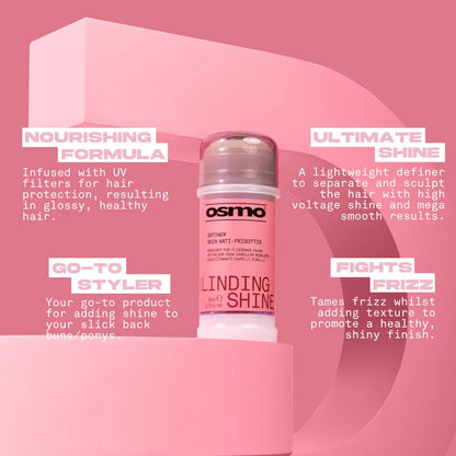 Osmo styling product Blinding Shine Definer with information on a pink background