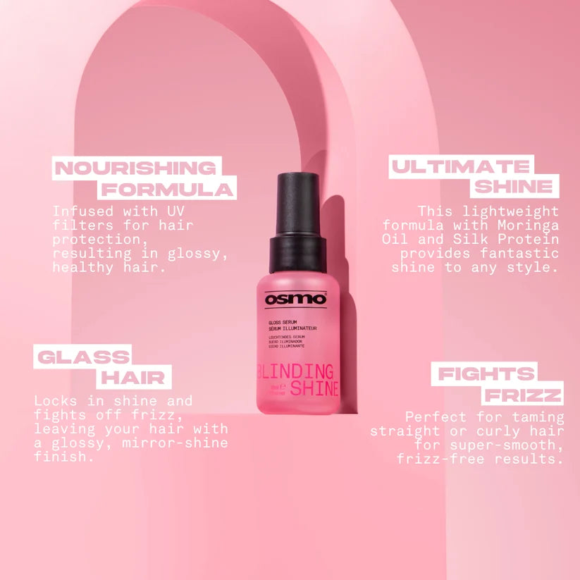 A pink bottle of Osmo Gliding Shine hair serum centered on a pink graphic background with text callouts reading 'Nourishing Formula,' 'Ultimate Shine,' 'Glass Hair,' and 'Fights Frizz.'.