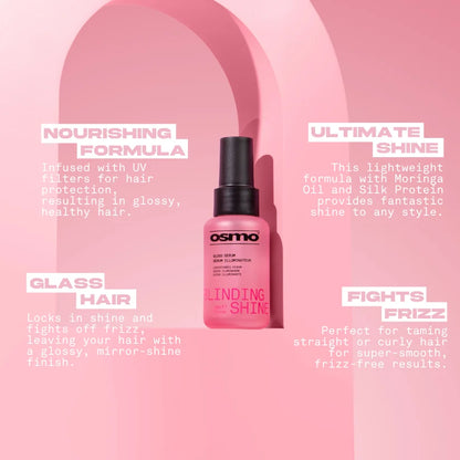 A pink bottle of Osmo Gliding Shine hair serum centered on a pink graphic background with text callouts reading 'Nourishing Formula,' 'Ultimate Shine,' 'Glass Hair,' and 'Fights Frizz.'.