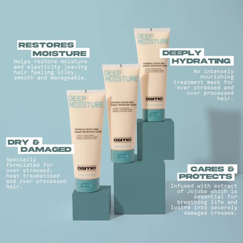 Osmo Deep Moisture hair care products on a light blue background with text describing product benefits.