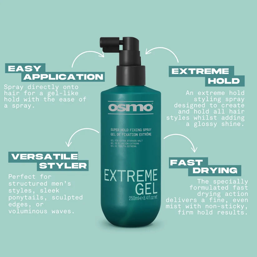 Osmo Extreme Gel bottle with features highlighted on a light blue background