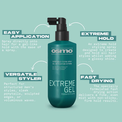 Osmo Extreme Gel bottle with features highlighted on a light blue background