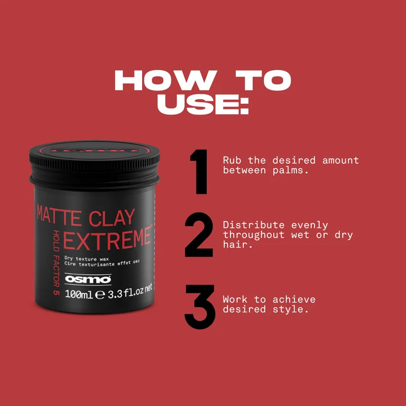 Osmo Matte Clay Extreme product with usage instructions on a red background