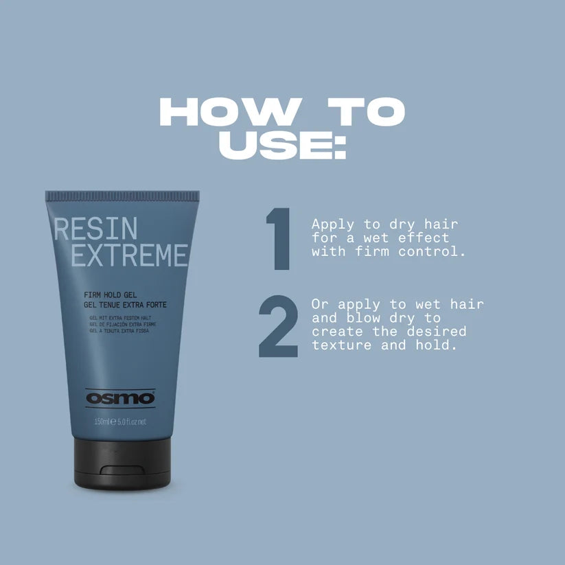 Osmo Resin Extreme hair gel with usage instructions on a blue background