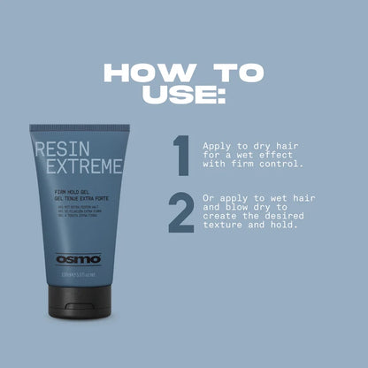 Osmo Resin Extreme hair gel with usage instructions on a blue background