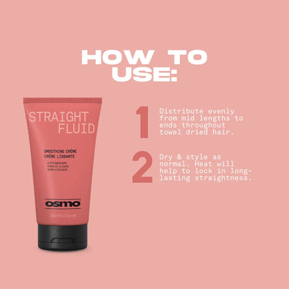 Osmo Straight Fluid tube with usage instructions on a pink background