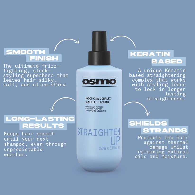 A bottle of Osmo Straighten Up smoothing complex against a dusty blue background, surrounded by white text callouts describing its keratin-based straightening formula and benefits.