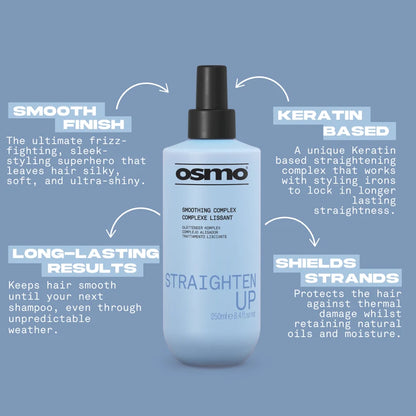A bottle of Osmo Straighten Up smoothing complex against a dusty blue background, surrounded by white text callouts describing its keratin-based straightening formula and benefits.