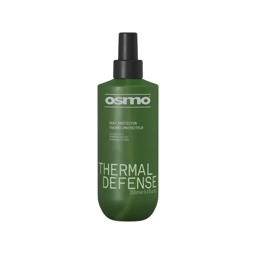 A 250ml bottle of Osmo Thermal Defense Heat Protector Spray, featuring a matte olive green bottle and a black spray nozzle, set against a plain white background.