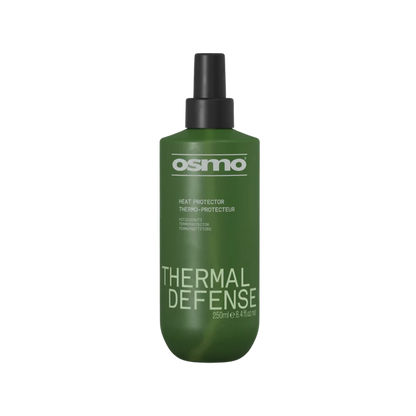 A 250ml bottle of Osmo Thermal Defense Heat Protector Spray, featuring a matte olive green bottle and a black spray nozzle, set against a plain white background.