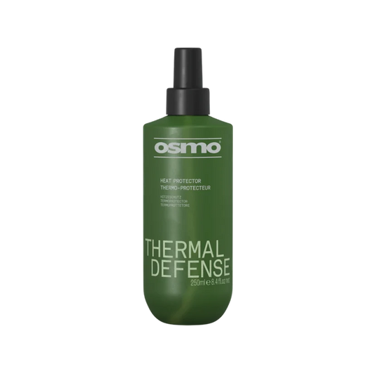 A 250ml bottle of Osmo Thermal Defense Heat Protector Spray, featuring a matte olive green bottle and a black spray nozzle, set against a plain white background.