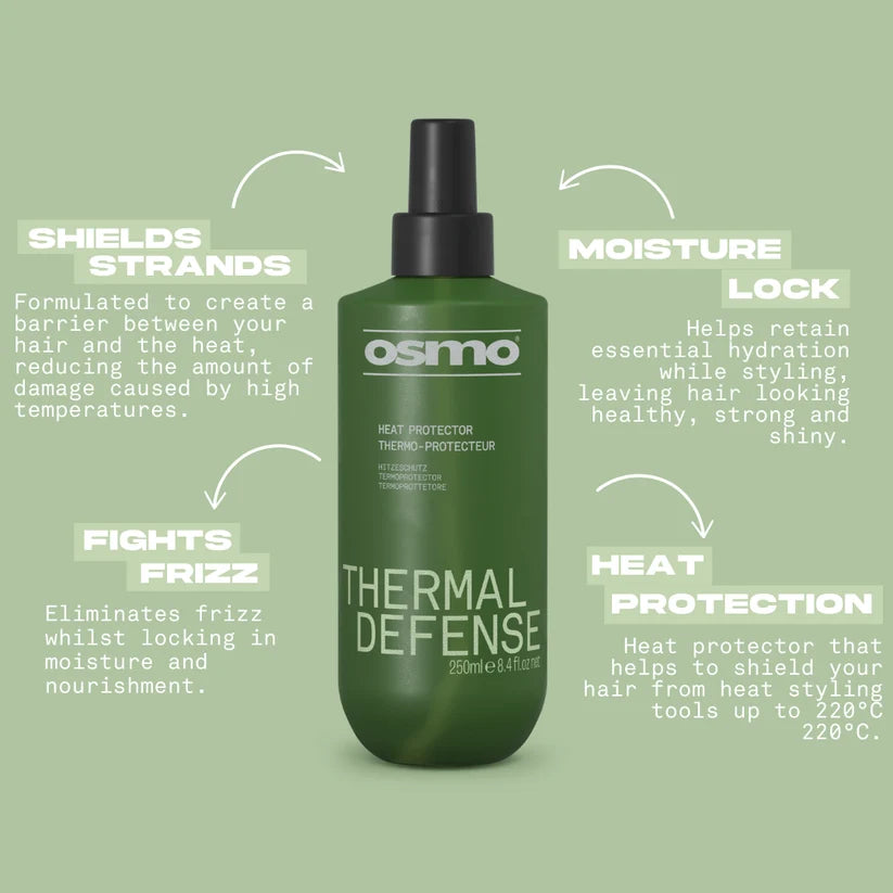 Osmo Thermal Defense heat protector bottle with features highlighted on a green background