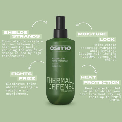Osmo Thermal Defense heat protector bottle with features highlighted on a green background