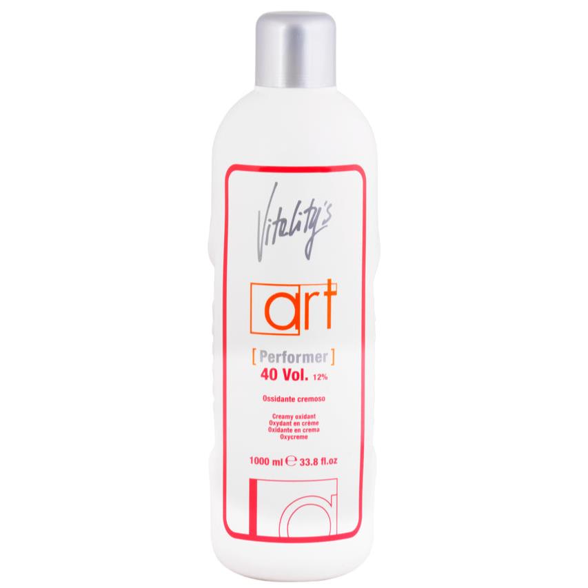 A white bottle of Vitality's Art Performer 40 Vol. 12% oxidizing cream with a silver cap and a red-bordered label, shown on a plain white background.