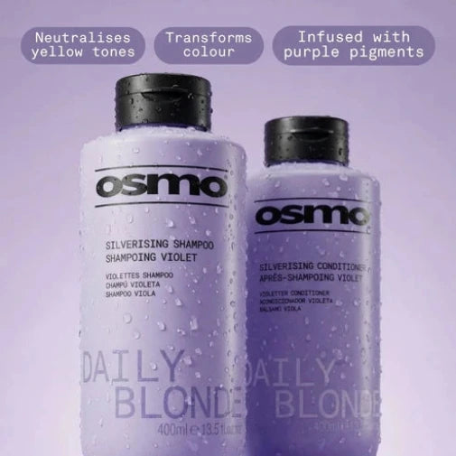 Osmo Silverising Shampoo and Conditioner bottles on a purple background